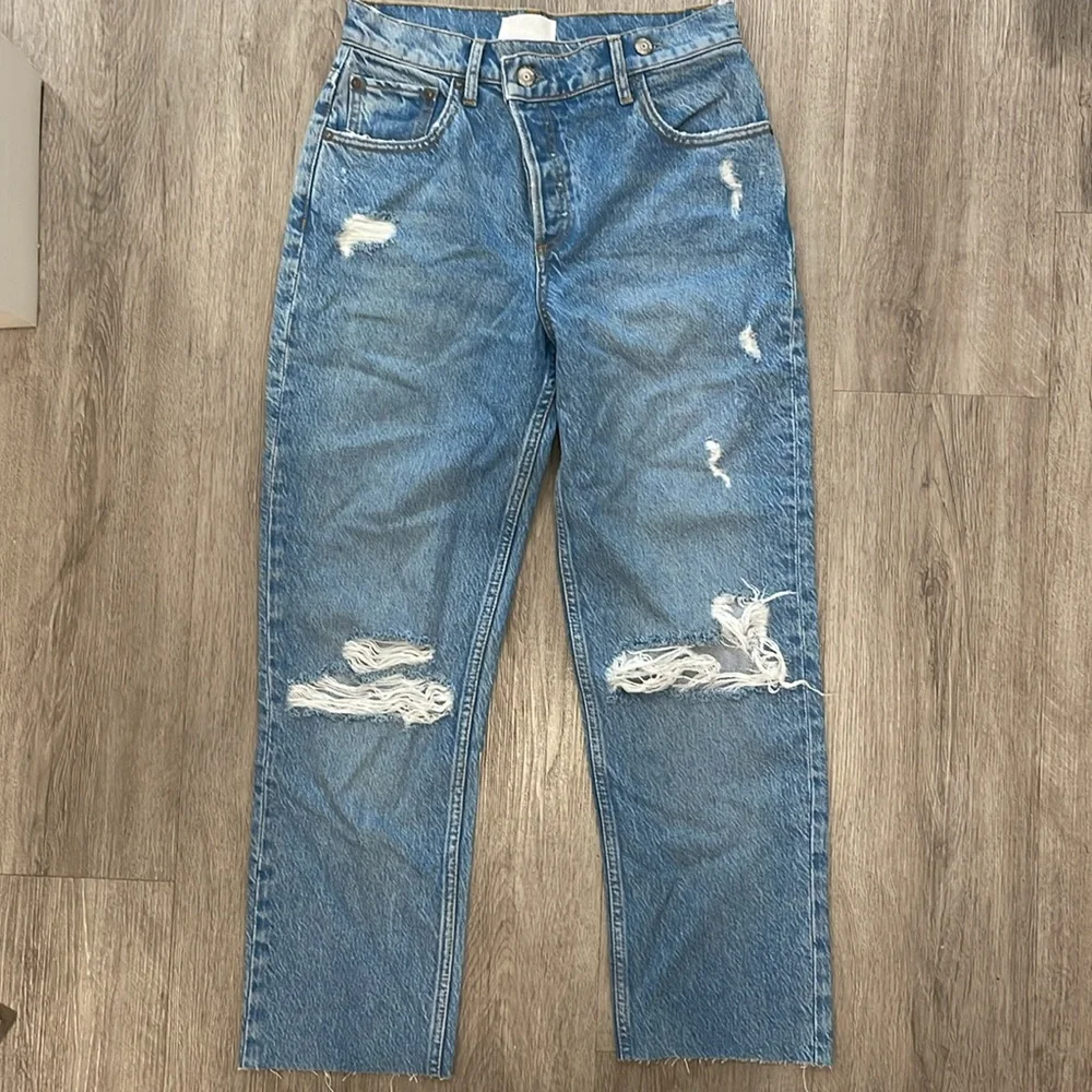 Boyish Casey Distressed Denim Straight Leg Crossover‎ Button Fly Raw Hem 25